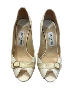 Jimmy Choo Vintage Ivory Peep Toe Pumps Gold Buckle Heels Size 6 EU 36
